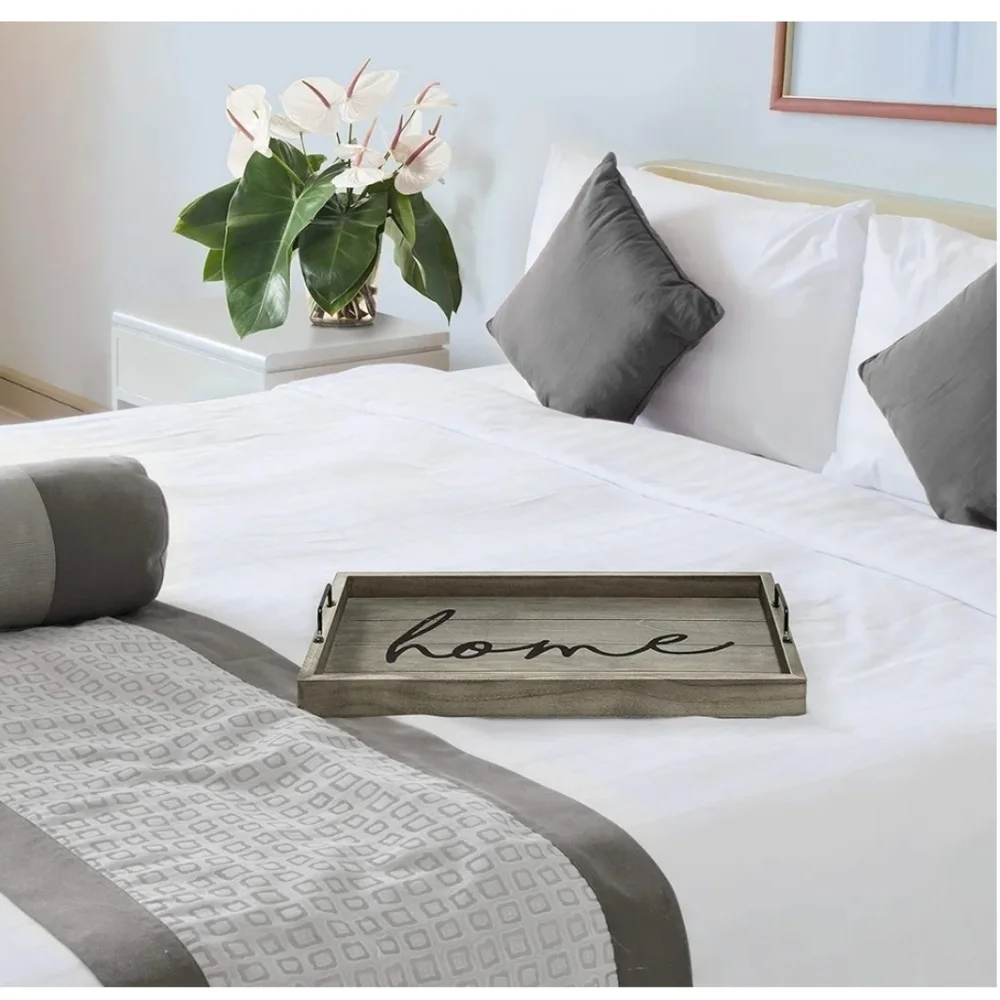 Rustic Gray Wooden Tray with 'Home' Script